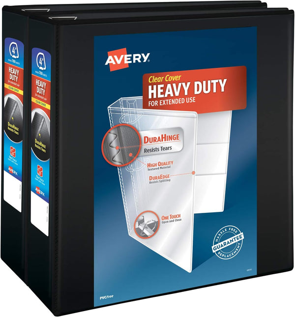 Avery Heavy-Duty View 3 Ring Binder - 4" One Touch Slant Rings, Holds 8.5" x 11" Paper, 2 Black Binders