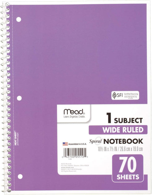 Mead Spiral Notebook, 6 Pack, 1-Subject, Wide Ruled, 70 Sheets per Notebook, 7-1/2" x 10-1/2", Color Varies (73063)