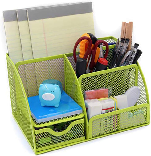 VANRA Mesh Desk Organizer, Office Supply Caddy with 6 Compartments and Drawer (Green)