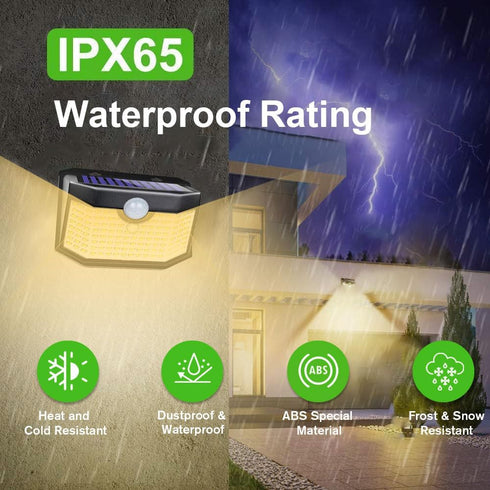 120 3 IP65 4Packs, HMCITY LED Outdoor Solar Lights- with Motion Sensor and Lighting Modes, Waterproof Wide Solar Wall