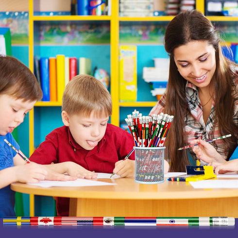 International Flags World Pencils: American, British, France, China, India with Erasers - 60 Pcs for School Supplies