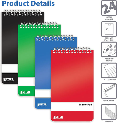 Better Office Products Spiral Memo Pads, 24 Pack, 3 x 5 inches, 60 Sheets, College Rule, Assorted Colors