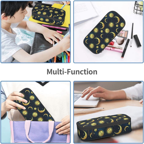 Moon Sun and Stars Pencil Case Bag, Gold Celestial Bodies Boho Style Pen Holder for Kids, Students, Desk Organizer