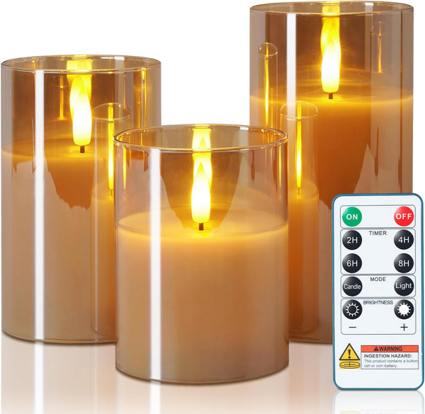 5plots Glass Battery Operated Gold Flameless Candles with Remote Timer, 3D Wick
