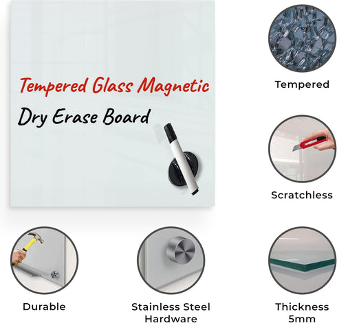 Fab Glass & Mirror Glass Dry Erase Board, White Surface Frameless Magnetic Board 16" x 16" for Office