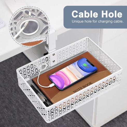 Under Desk Drawer Organizer, Clip-on Cup Holder, Rotated Storage Drawers for Desk Organizer, White