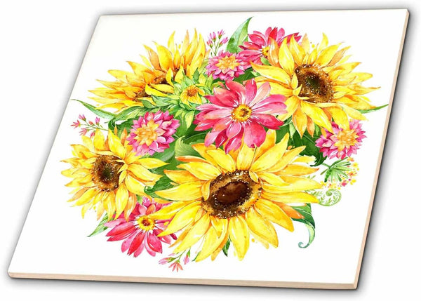 3dRose Pretty Image Watercolor Sunflowers and Mums Bouquet Illustration 12 Inch Ceramic