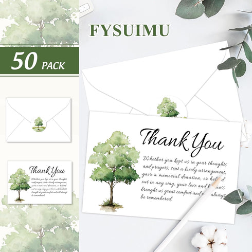 50Pcs FYSUIMU Funeral Thank You Cards Bulk Boxed Tree Sympathy Thank You Cards with Sticker Envelope Bereavement Card