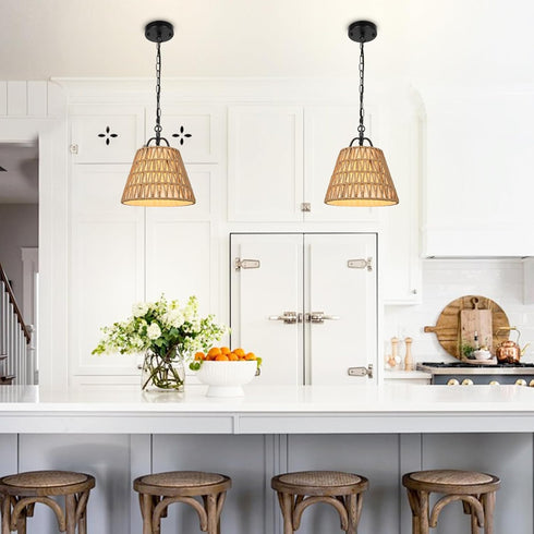 E26 Rattan Pendant Light with Woven Basket Shade, Boho Farmhouse Pendant Light Fixture, Hanging Light with Adjustable