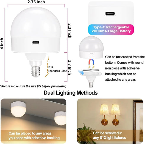 Yochoice 2-Pack E12 Bulb Dimmable Bulb 15 3 Bulb Rechargeable Battery Operated Light with Remote, LED with Colors
