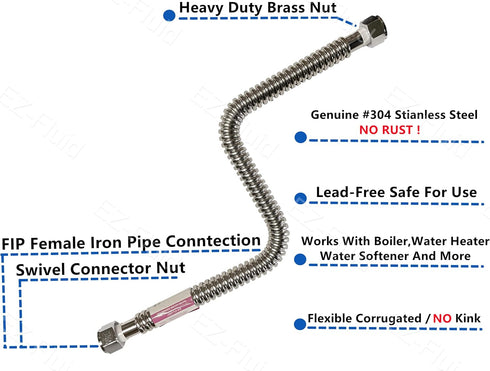 EZ-Fluid 12" x 3/4-Inch FIP x 3/4-Inch FIP, Corrugated Flexible Stainless Steel Water Heater Connector Supply Line for Female Iron Water Pipes Fitting,12-Inch (1-Pc) by EZ-FLUID