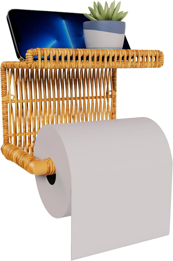 Synthetic Rattan Toilet Paper Holder with Shelf Fits Mega Rolls, Boho Bathroom