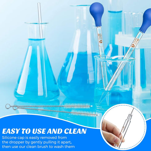Weewooday Glass Droppers Pipettes, Graduated Lab Dropper with Big Rubber Hats, 20 cm Stir Rod Washing Brush, 8 Pieces