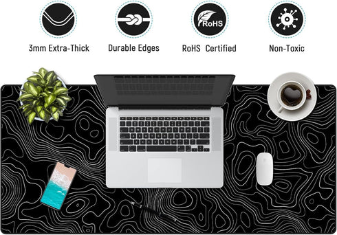 JIALONG Black Topographic Large Gaming Mouse Pad, XXL Mousepad, Big Desk Pad for Keyboard and Mouse, Gaming Accessories