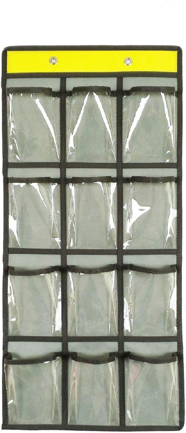 Classroom Pocket Chart for Cell Phones, Over The Door Hanging Organizer with 12 Clear Pockets (GREY)