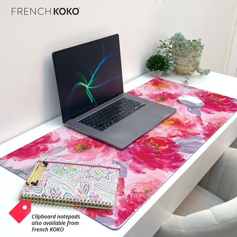 KOKO French Desk Mat, XL Pink Floral Large Mouse Pad for Keyboard, Cute Desk Accessories for Home Office
