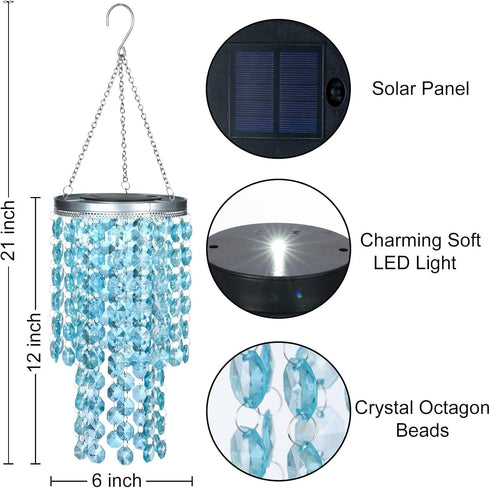 LEWIS&WAYNE 21 Hanging Solar Crystal Chandelier Outdoor, Modern Solar Blue Acrylic Beaded Lantern with Cool White LED S