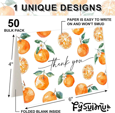 50 4 6 Inch FYSUIMU Pcs Little Cuties Thank You Cards Greeting Cards with Envelopes Stickers Orange Watercolor Blank