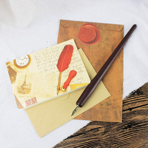 GIFTS Calligraphy Pen Set, 12-Piece Kit, 5 Nib & 5 Ink Set, Antique Dip Feather Pen Set (Wood + Feather)
