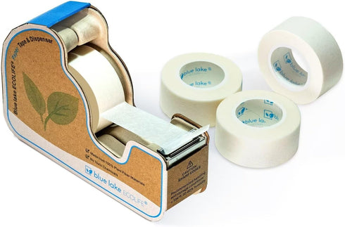 Blue Lake ECOLIFE Plastic Free Masking Tape Dispenser, 4 Rolls 3/4 in x 550 in Paper Tape, Desk for Labeling, Office
