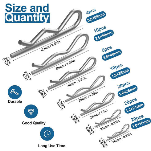 202 Pcs Hardware Pins Assortment Kit, 304 Stainless Steel Hairpin & R Clips, Retaining Fasteners, Cotter Pins