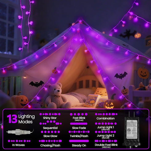 43FT 100LED 13 LORRYTE Connectable Purple Halloween Lights Outdoor Indoor - Globe String Lights Plug in with Timer