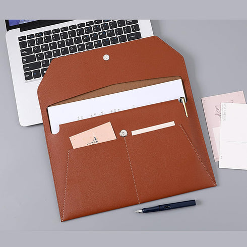PU Leather Document Holder A4 File Folder with 3 Pockets, Waterproof Stylish Envelope Case with Snap Closure (Brown)