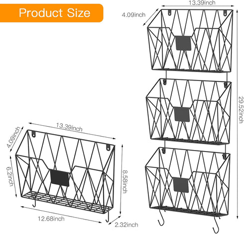YBING Wall File Organizer, Mesh Hanging Wall Files Holder 6 Pack with Hooks for Papers Folders Files, Black