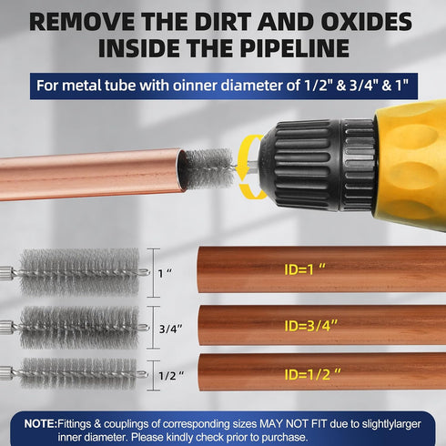 Generic 1/2",3/4" 1" Drill,6 Blades(3 3 3Pcs & Copper Pipe Cleaner Kit for Brush pre-Installed + backups) & ID Wire