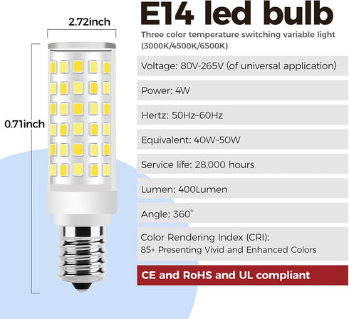 E14 Bulbs 50 -500Lm Changing-3000K| 4500K|6500K- E-14 Bulbs AC110V-240V (4Pack) LED European Watt Equivalent