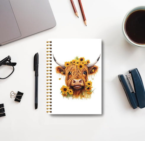 Sunflower Highland Cow Notebook - Western Notebook, Cow Notebook, Highland Cow Office Supplies, Highland Cow Gifts, Cow Stuff, Farmhouse Highland Cows Spiral Notebook 5.5x8.3 by Guymn