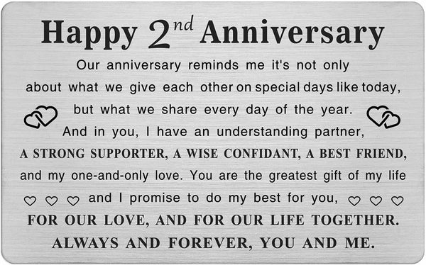 TGCNQ Metal Engraved 2 Year Anniversary Card, 2nd Anniversary Gifts for Husband Wife Him Her, Wedding Anniversary