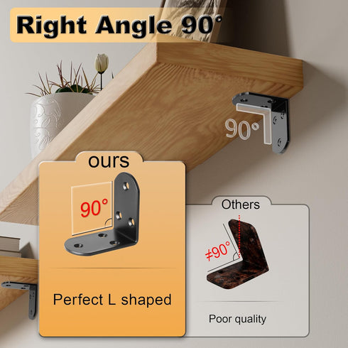 4Pcs 90 (2.56X2.56 Alise Shelf Brackets Black, Stainless Steel Floating Shelf Brackets Corner Brackets, L Brackets
