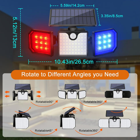 IP65 Aolyty Solar Motion Sensor Lights - Waterproof Solar Strobe Wall Lights - Bright White/Red & Blue Flashing