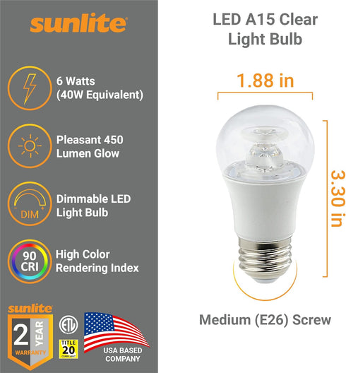 Sunlite 80137 LED A15 Appliance Clear Light Bulb, 6 Watts (40W Equivalent), 450 Lumens, Medium Base (E26), 90 CRI, Dimmable, ETL Listed, Ceiling Fan, Title-20 Compliant, 4000K Cool White, 1 Count by Sunlite