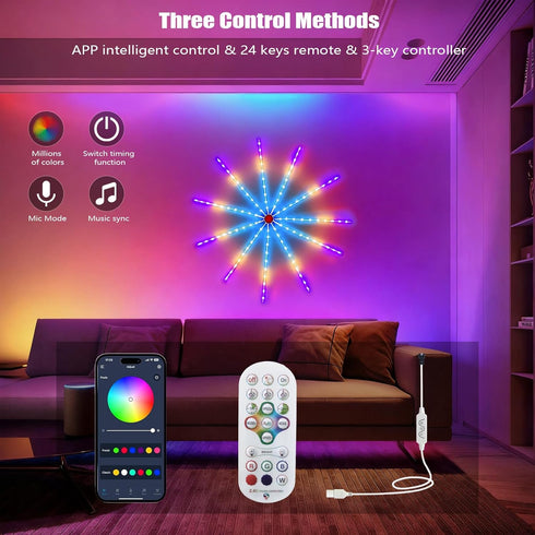 FlyQintess Smart Firework Led Lights, LED Strip Light with Remote App & Timer, Color Changing Music Sound Activated