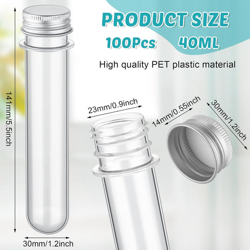 Dandat 100 Pcs Test Tubes 40 ml Plastic Test Tubes with Screw Lids, Clear Candy Tubes for Sample Powder Storage