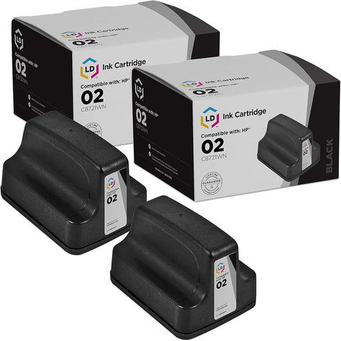 LD Products Remanufactured Replacement for HP 02 Ink Cartridges, Black, 2-Pack, with Smart Chip