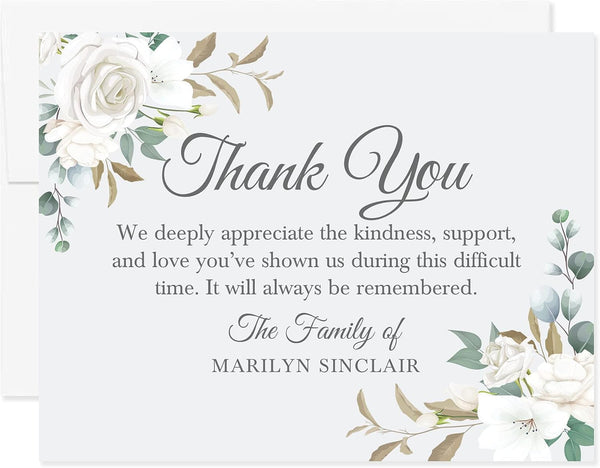 White Floral Sympathy Thank You Cards, Funeral Thank You Cards, Personalized Bereavement