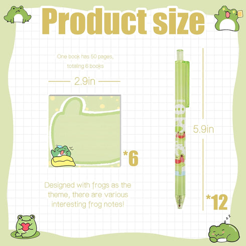 QPEY 300 PCS Frog Sticky Notes with 12 PCS Frog Pens, Stationary Set 0.5mm Black Gel Ink Pens, Frog Self-Stick Notes Pads for School Office Supplies Party Favor Gift
