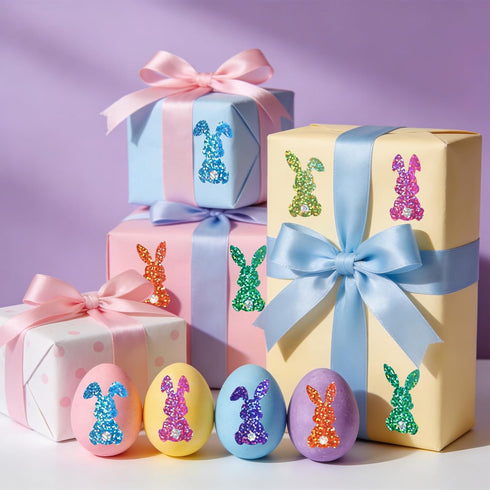 Fukaisu 500pcs 1.1x1.5in 6 Glitter Easter Egg Bunny Stickers, Holographic Rabbit Sticker Roll Colors Envelope Seals