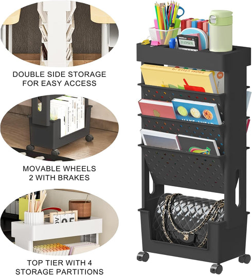 5-Tier BYFU Movable Bookshelf Cart, Rolling File Paper Storage Organizer Mobile Bookcase with Wheels for Home Office