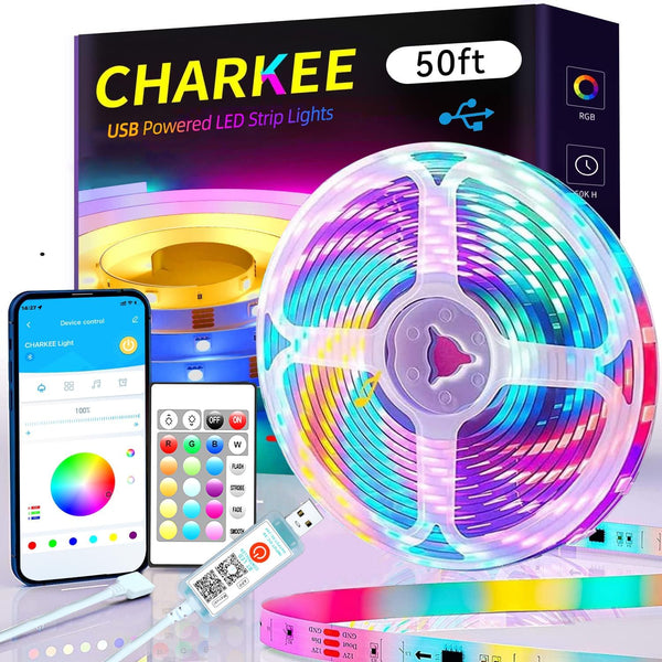 CHARKEE 50ft LED Lights USB-Powered, RGB Strip Lighting for Bedroom/TV Backlight/Gaming Lighting,