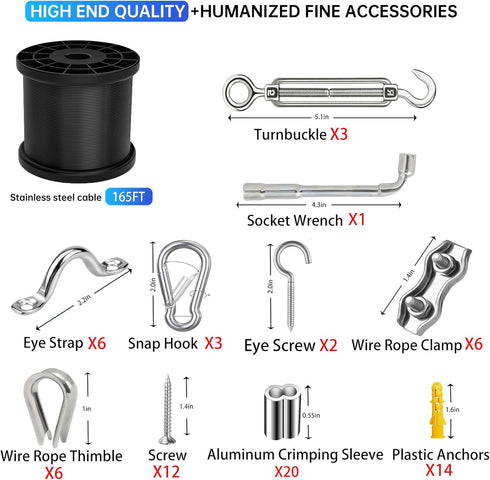 Yawuztu 164FT 304 Black Vinyl-Coated Stainless Steel Cable Heavy Duty String Lights Hanging Kit with Turnbuckle