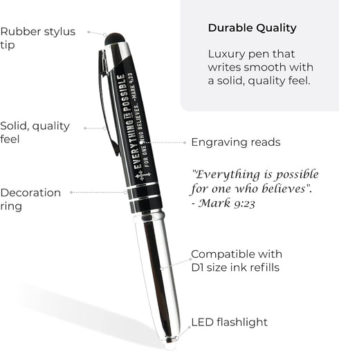 Engraved Bible Gift Pen with Flashlight and Stylus, Mark 9:23, Everything is Possible for One Who Believes