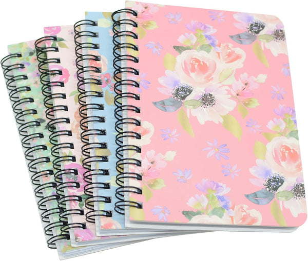 Yansanido Spiral Notebook, 4 Pcs A6 Flower Design, 80 Sheets - 160 Pages Thick Hardcover 8mm Ruled Journals for Study