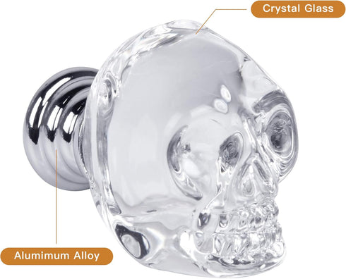 Milkary 10 Pcs Crystal Glass Door Knobs, Skull Clear Glass Wardrobe Pull Knobs with Screws, Drawer Knobs Handle