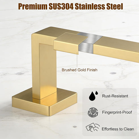 5-Pieces Set, 304 24.48 Inch Set Brushed Gold Bathroom Hardware SUS Stainless Steel Square Towel Bar with Towel Ring