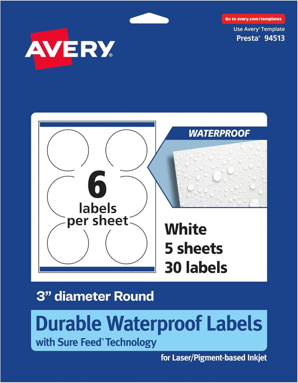 Avery Durable Waterproof Round Labels - Sure Feed Technology, Print-to-The-Edge, 3" Diameter, 30 Total, Oil and