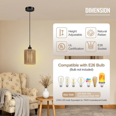 1 Pack, Bulb BoostArea Rattan Pendant Lights Kitchen Island, Farmhouse Chandelier with Handwoven Wicker Shade